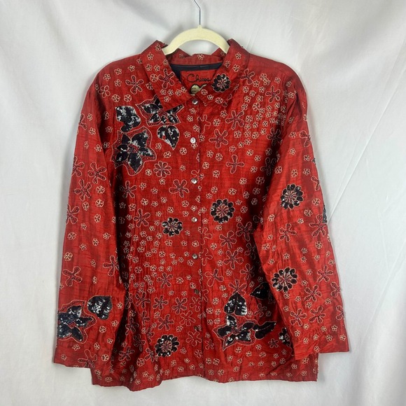 Chico's Silk Beaded Sequin Floral Blouse Shirt Red Size 3  XL Anniversary Collec - Picture 2 of 9